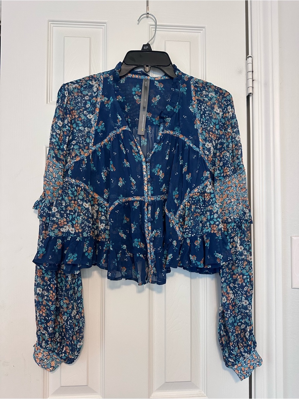 Anthropologie Floral Ruffle Hem Long-Sleeve Blouse - Navy
